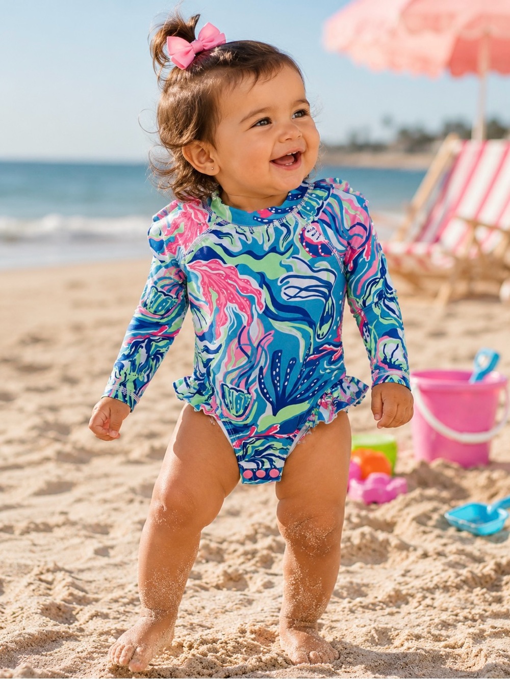 Tommy Bahama Baby Girls 12M Tropical Print Long Sleeve One Piece Swimsuit